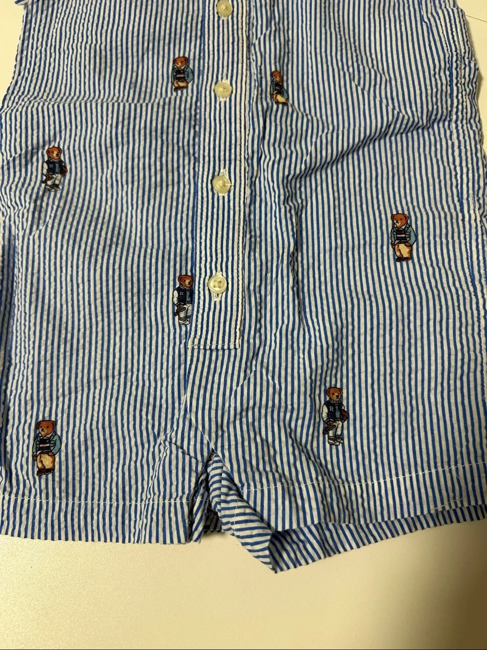 Ralph Lauren Blue and White Striped Baby jumper with Bear Embroidery